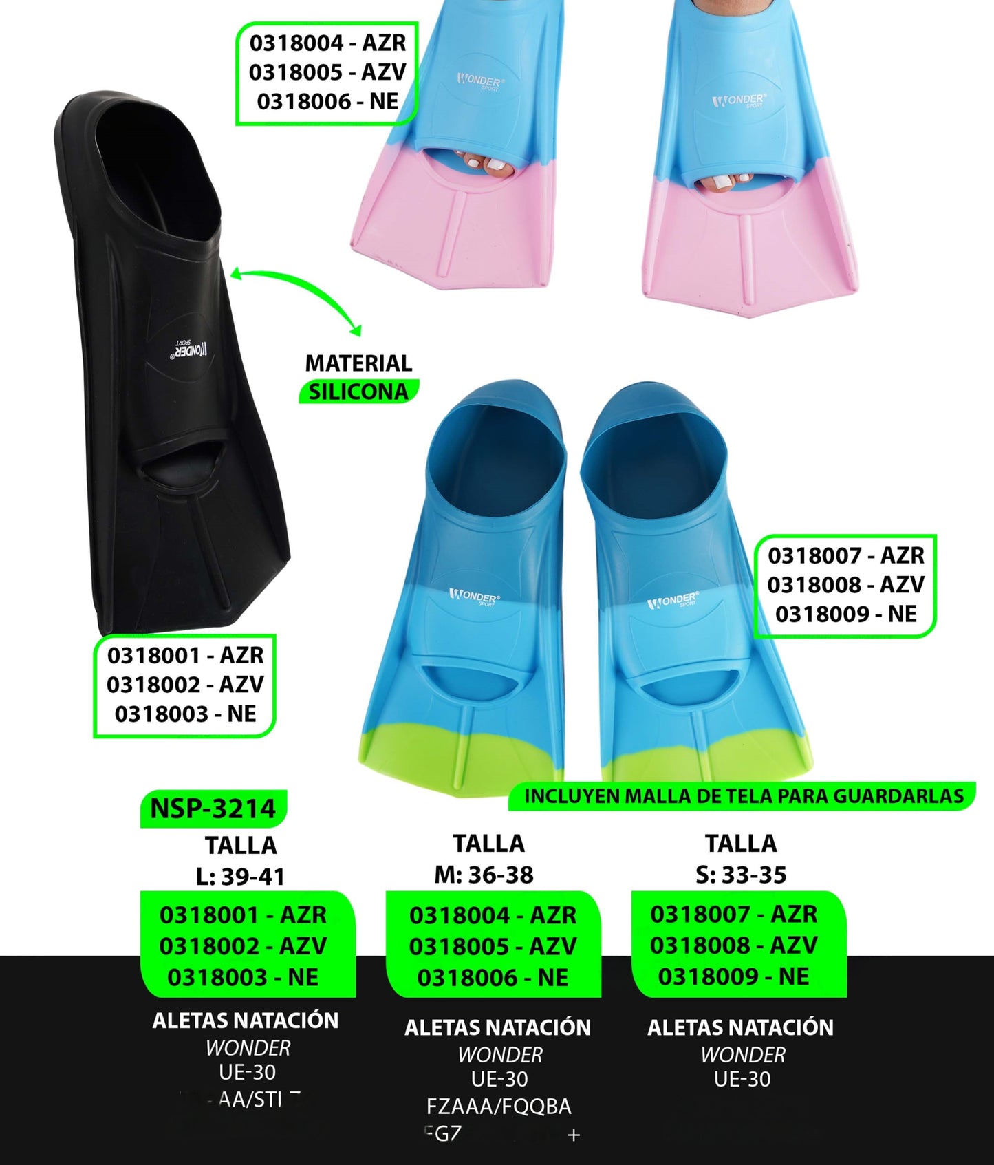 Aletas de Natación Wonder Sport de Silicona – Con Malla de Transporte